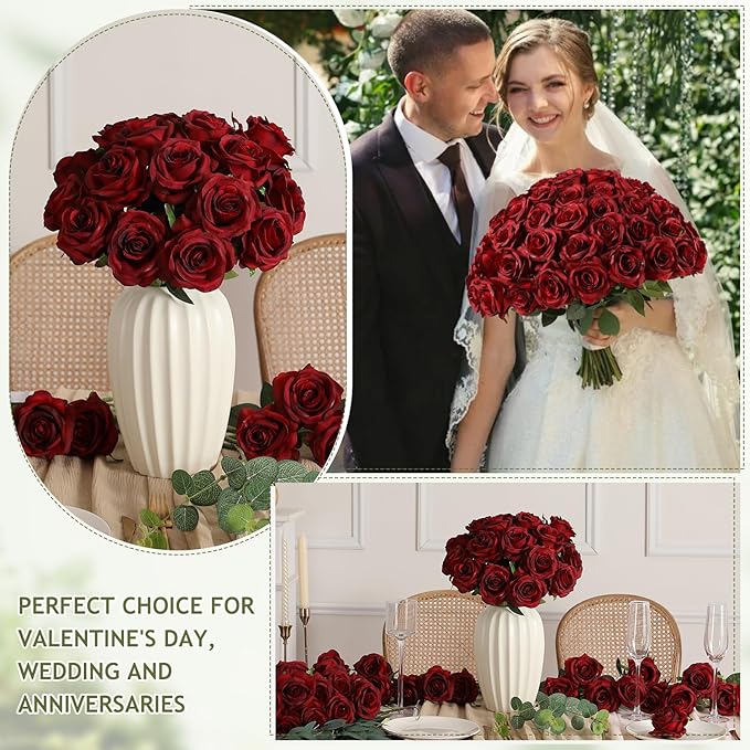 Kisflower 60 Pcs Burgundy Roses Artificial Flowers Bulk, Maroon Flowers Artificial Silk Roses with Stems for Decoration DIY Wedding Bouquet Bridal Shower Party Home Table Centerpieces Decor (Burgundy)