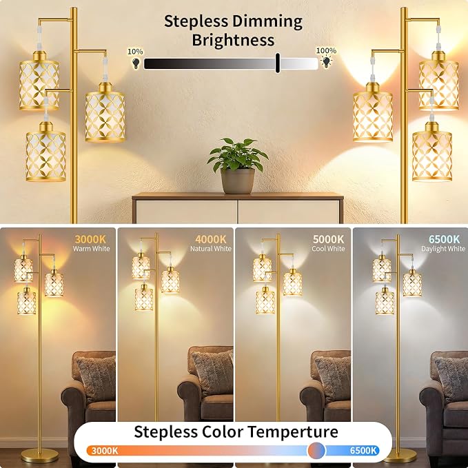 Dimmable Floor Lamp, Farmhouse Standing Lamp with Elegant Metal Cage, Industrial Tall Tree Floor Lamps for Living Room, Bedroom, Study Room, Office, 3 x 800LM LED Bulbs Included, 72", Gold