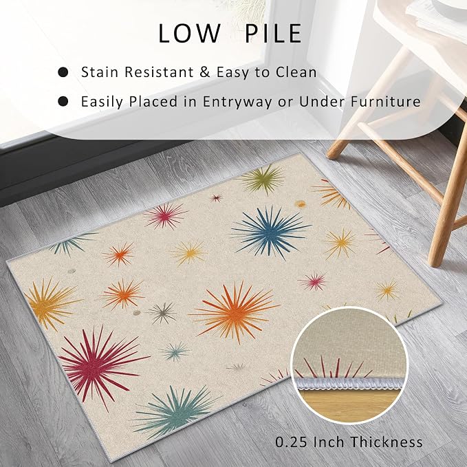 Mid Century Modern Rug 5x7 Starburst Atomic Retro 60s 70s Pattern Area Rugs for Living Room, Bedroom, Mid Century Modern Home Decor Accessories Indoor Carpet, Non Slip & Machine Washable