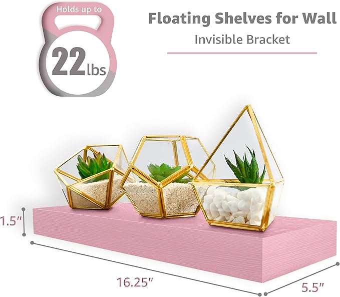 Sorbus Floating Shelves for Wall – 16 Inch Floating Shelf for Kitchen, Bedroom, Living Room, Bathroom, Home & Wall Decor - Mounted Bathroom Shelves with Invisible Brackets (Soft Pink, 4 Pack)
