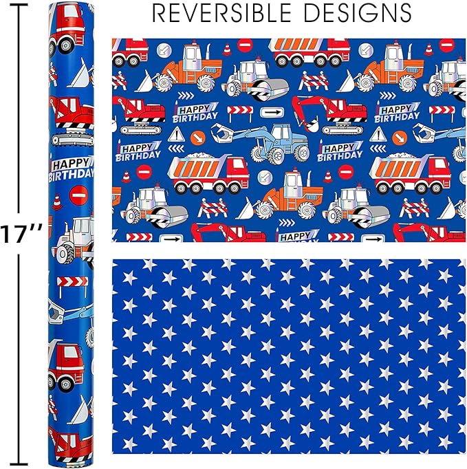 Homeral Blue Construction Truck Birthday Wrapping Paper Roll for Kids, Digger Tractor Truck with Laser Shine & Stars Reversible Gift Wrap for Boys Birthday, Baby Shower - Mini Roll - 17 Inch x 33 Feet