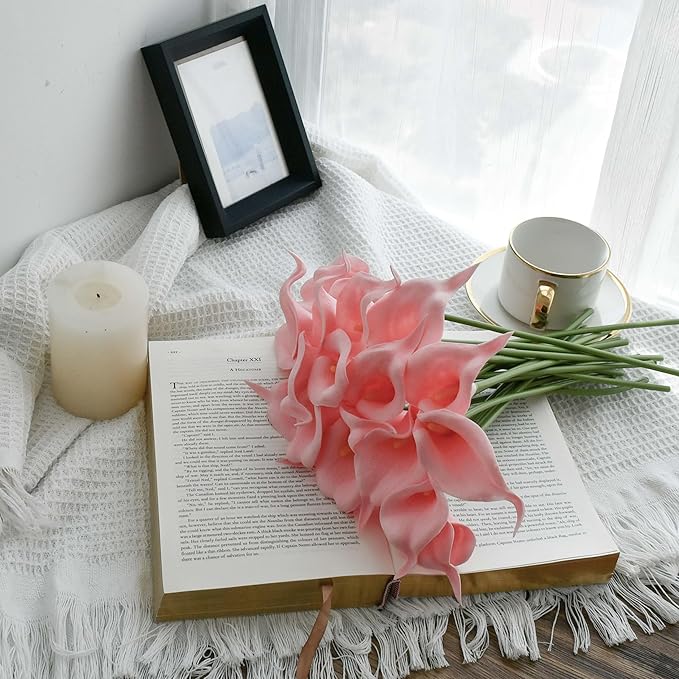 Mandy's PU Light Pink Calla Lily Artificial Flowers 20 Stems 13.5in Faux Realistic Centerpiece for Thanksgiving and Christmas Decorations DIY Bridal Bouquet Home Décor