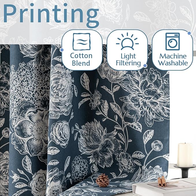 Floral Curtains Blue Peony Blackout Curtains Pattern - Vintage Blackout Curtains with Grommet, Boho Floral for Nursery Office, Cotton Blend Printed Curtains, 52" W x 63" L