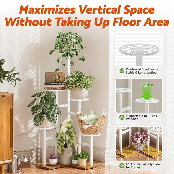 6 Tier Plant Stand Indoor Outdoor, Tall Metal Wood Shelf Tiered Planter Display Shelving Unit for Living Room Bedroom Balcony