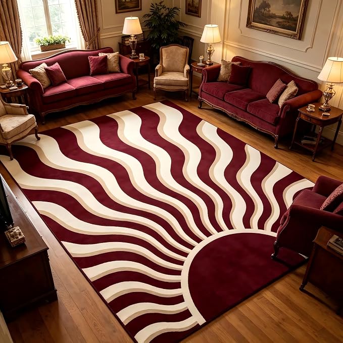 5x7 Retro Abstract Area Rug, Burgundy and Beige Wavy Sunburst Rug, Washable Non-Slip Low Pile Faux Cashmere Rug for Living Room, Bedroom, Home Office