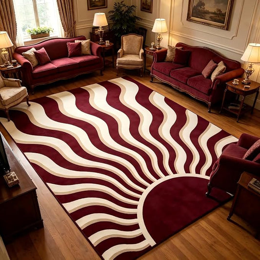 5x7 Retro Abstract Area Rug, Burgundy and Beige Wavy Sunburst Rug, Washable Non-Slip Low Pile Faux Cashmere Rug for Living Room, Bedroom, Home Office