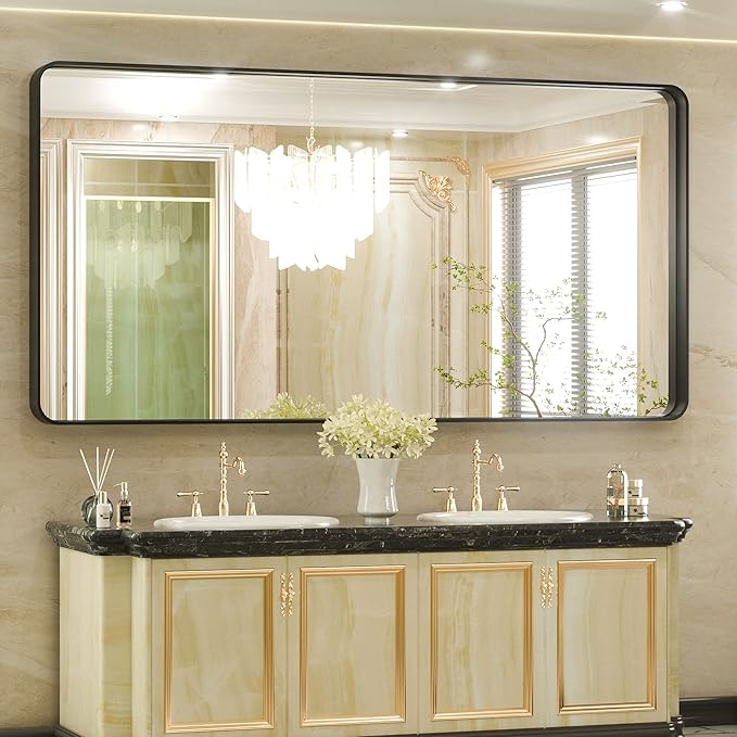 TETOTE 72 x 36 Inch Black Bathroom Mirror, Rectangle Matte Metal Frame Wall Mounted Mirror, Modern Farmhouse Round Corner Large Mirrors for Double Vanity (Horizontal/Vertical)