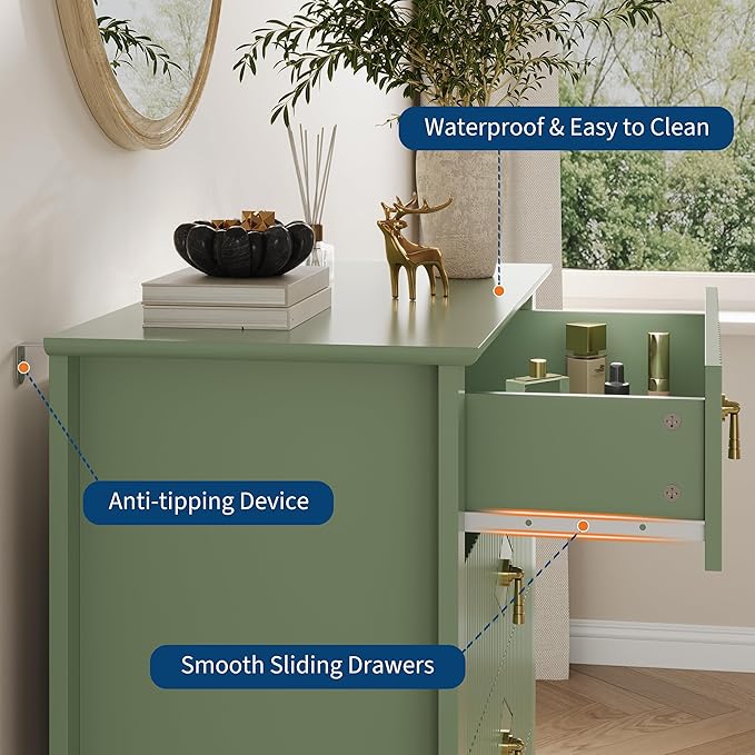 GarveeHome Fluted Dresser for Bedroom, 42.9" Tall 5-Drawer Wood Dresser, Modern Chest of Drawers, Storage Organizer Cabinet for Living Room, Hallway, Entryway, Green