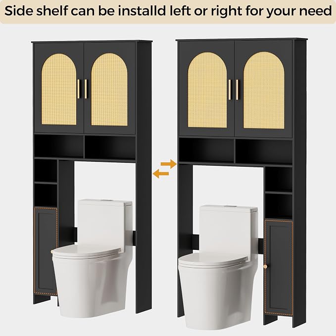 Homhedy 67" H Over The Toilet Storage Cabinet, Bathroom Organizer with Rattan Decorated Doors, Adjustable Shelves, Toilet Paper Holder, Space-Saving Bathroom Shelf for Small Spaces, Natural and Black