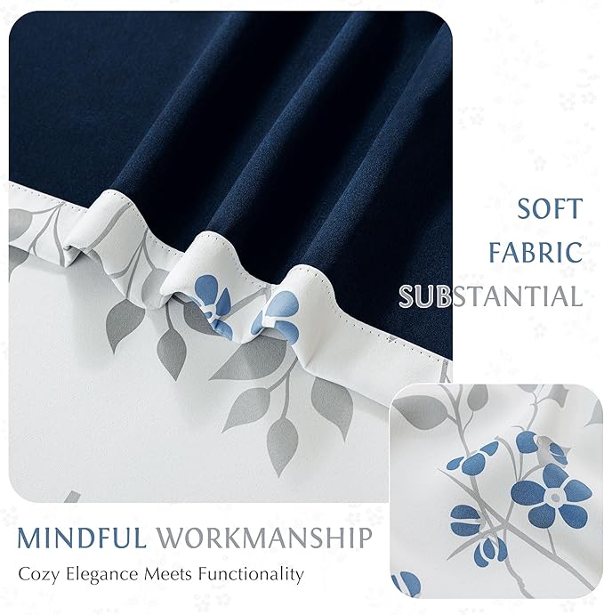 Beauoop Floral 100% Blackout Curtains 54 Inch Length 2 Panels for Bedroom Living Room Blue Grey and White Flower Patterned Room Darkening Thermal Soundproof Grommet Window Treatments Drapes, 52X54