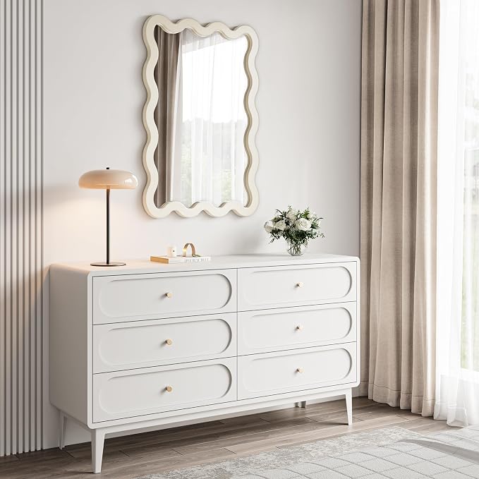 22"x30" White Wavy Wall Mirror for Vanity, Cream Solid Wood Irregular Mirror for Bedroom, Cute Squiggle Mirror for Aesthetic Decor, Small Asymmetrical Curvy Frame