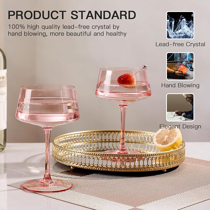 JOVGANK Pink Martini Glasses Set of 6 – 13oz Lead-Free Crystal Glass, Hand-Blown Classic Champagne & Cocktail Luxury Cups, Elegant Glassware for Party Home Bar Wedding Gift for Ice Cream Dessert