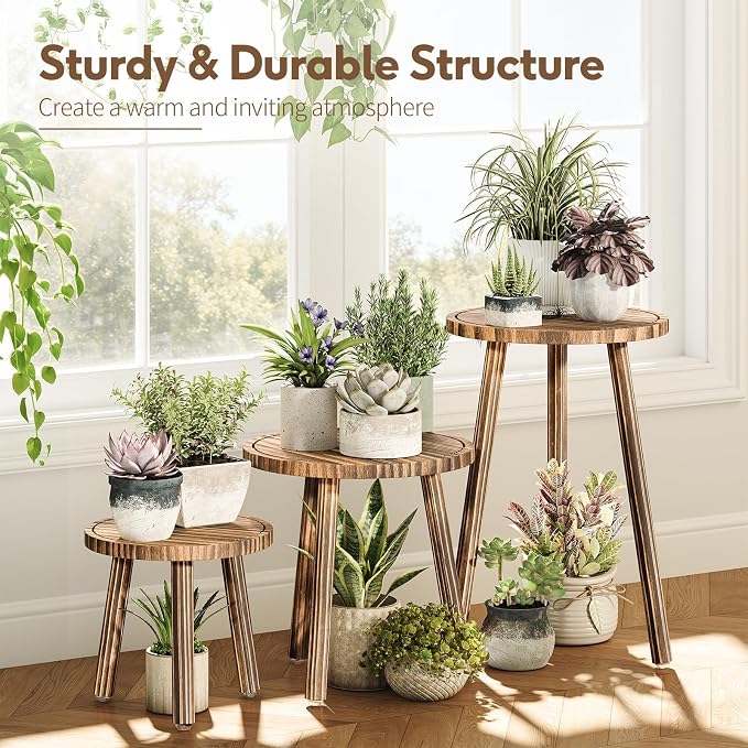 Uneedem Plant Stand Indoor - 3-Pack Taller Single Wood Plant Stand for 6-12 Inch Pots, Mid-Century Modern Plants Stool for Large Plants, Small Round Wooden Planter Table for Living Room, Balcony
