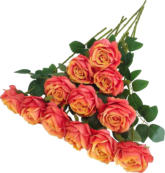 ATFL Fake Sunset Red Roses Artificial Flowers Bulk,Floral Diameter 4'',12 Pcs Artificial Silk Roses Flowers with Stems for Wedding Arrangement Centerpieces Party Home Table Decorations (Orange & red)