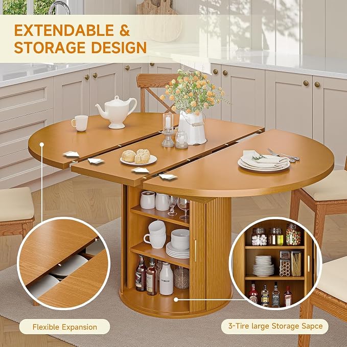 DHH 47"-63" Extendable Round Dining Table for 4–8 with Storage, Mid Century Modern Farmhouse Wood Oval Dinner Table with Pedestal Base for Kitchen, Living Room (Yellow Walnut)