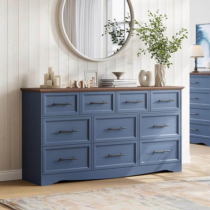 Blue 10 Drawer Dresser for Bedroom, 59" Wide Chest of Drawers w/Brushed Metal Handle, Wood Dresser TV Stand Closet Organizers and Storage Cabinet for Bedroom, Living Room, Hallway