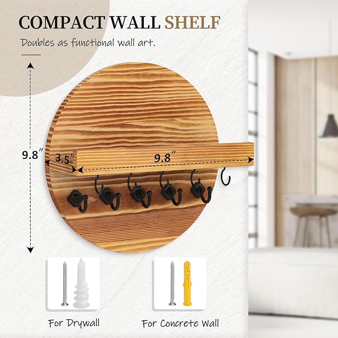 Nekon Key Holder Wall Mount, Key and Mail Organizer for Wall, 9.8 Inch Round Wooden Rustic Wall Organizer for Entryway, Hallway, Kitchen, Office (Light Brown)