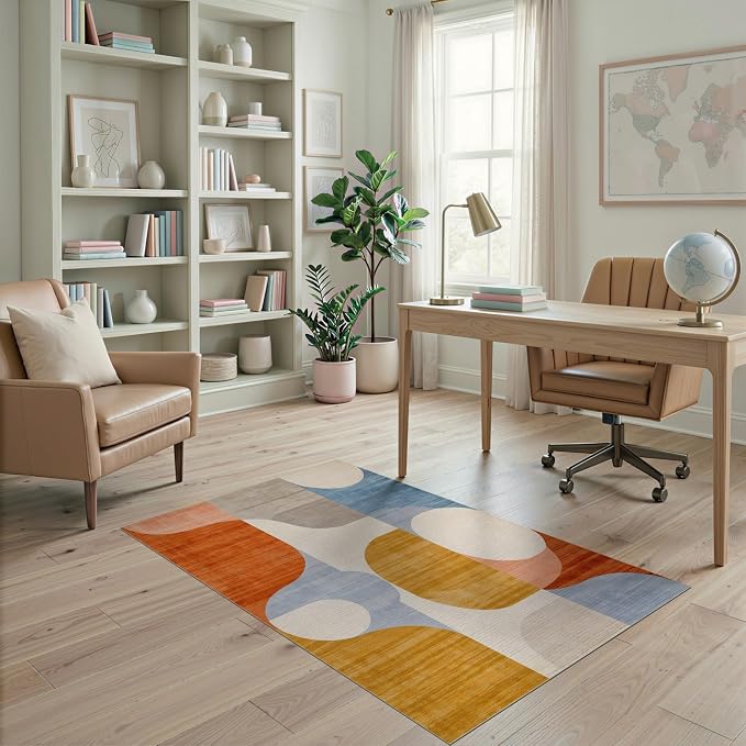 Flatwoven High Traffic Area Rug 4x6, Mid Century Modern Abstract with Fluid Lines and Symmetrical Ovals, Non Slip, Stain Resistant, Washable Area Rugs for Living Room, Bedroom (Orange, 4x6)