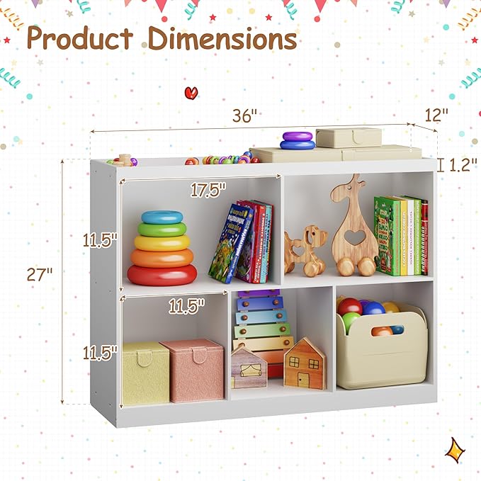 Toy Storage Organizer, 5-Section Kids Bookcase with Raised Edge, Children's Toy Shelf Cabinet for Playroom Bedroom Daycare Nursery School, Montessori Bookshelf for Boys & Girls (2-Tiers)