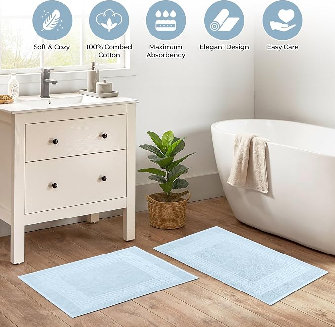 Superior Heavyweight Cotton Bath Mats, Bath Rugs For Bathroom Accessories, Washable Rug For Shower, Toilet, Modern Decor, No Backing, Luxury Hotel And Spa Quality, Set of 2, 22" x 35", Light Blue