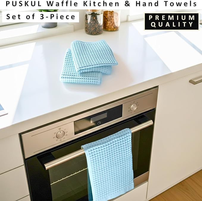 PÜSKÜL Natural 100% Turkish Cotton Waffle Kitchen Towels Set of 3 | Oeko-Tex, Premium Waffle Hand Towels for Bathroom | Soft Absorbent Quick-Dry Lint-Free Dish Towel Large 32x16 inch (3, Turquoise)