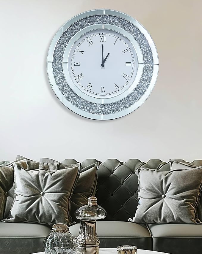 Crushed Diamond Wall Clock Round Decorative Mirrored Clock 24 inch Silver