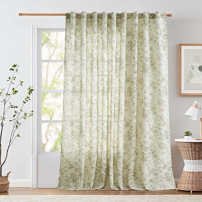 jinachan Linen Floral Curtains Extra Wide for Patio Sliding Glass Door Room Divider Curtain for Living Room Christmas Drapes 96 Inch Length Farmhouse Peony Green Printed Curtain Set 1 Panel
