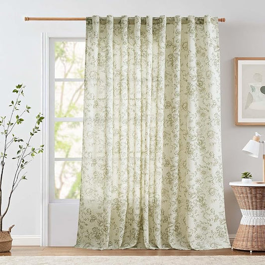 jinachan Linen Floral Curtains Extra Wide for Patio Sliding Glass Door Room Divider Curtain for Living Room Christmas Drapes 96 Inch Length Farmhouse Peony Green Printed Curtain Set 1 Panel