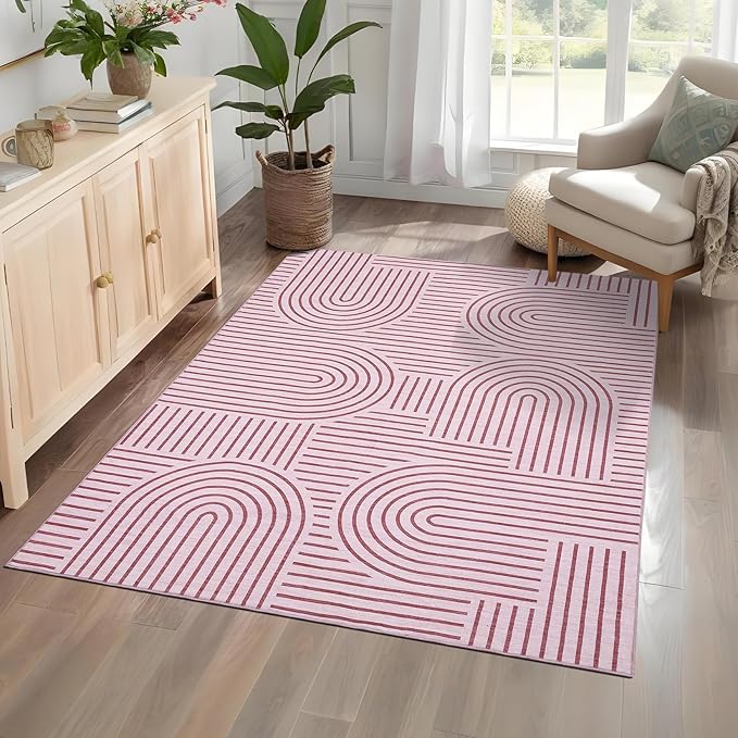 Washable Rugs 5x7 Abstract Lines Print Area Rug Non Slip Cute Girl Room Rug Low Pile Boho Rainbow Carpet Ultra-Thin Soft Bedroom Rug Non Shed Thin Modern Carpet for Dorm Apart Dining Room, Pink