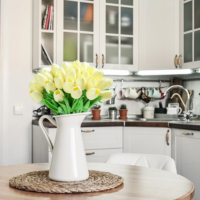 20pcs White Tulips Artificial Flowers Fake Silk Tulips Real Touch Flowers for Spring Kitchen Wedding Home Decor Arrangements Easter Decor 14 Inch