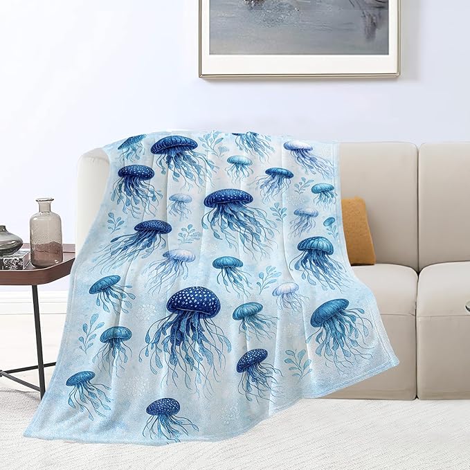 Jellyfish Blanket Marine Life Throw Blanket Blue Ocean Sea Soft Cozy Fleece Sealife Fuzzy Stuffed Plush Animal Flannel Gifts for Girls Women Boys Kids Adults 40''x50''