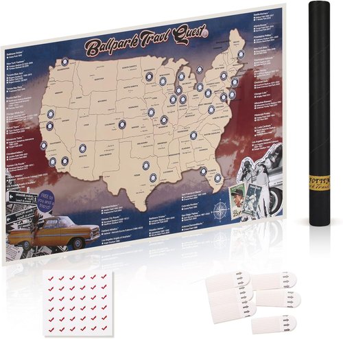 Baseball Stadium Map | Includes Stickers & Two-Sided Nylon Buckles | 17" x 28" (Purple-Blue)