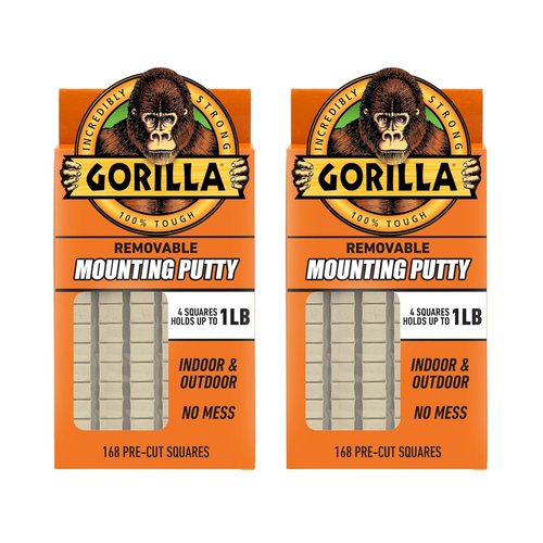Gorilla Mounting Putty - Non-Toxic Removable & Repositionable Wall Putty | Natural Tan, 168 Pre-Cut Squares (Pack of 2)