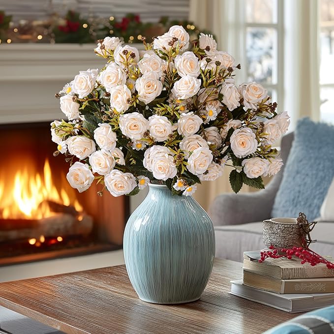 Artificial Rose Flowers for Outdoor 4 Bundles Rose Bouquet with Daisy Faux Flowers UV Resistant for Home Indoor Outside Garden Porch Window Box Balcony Yard Porch Fall Decor (White)