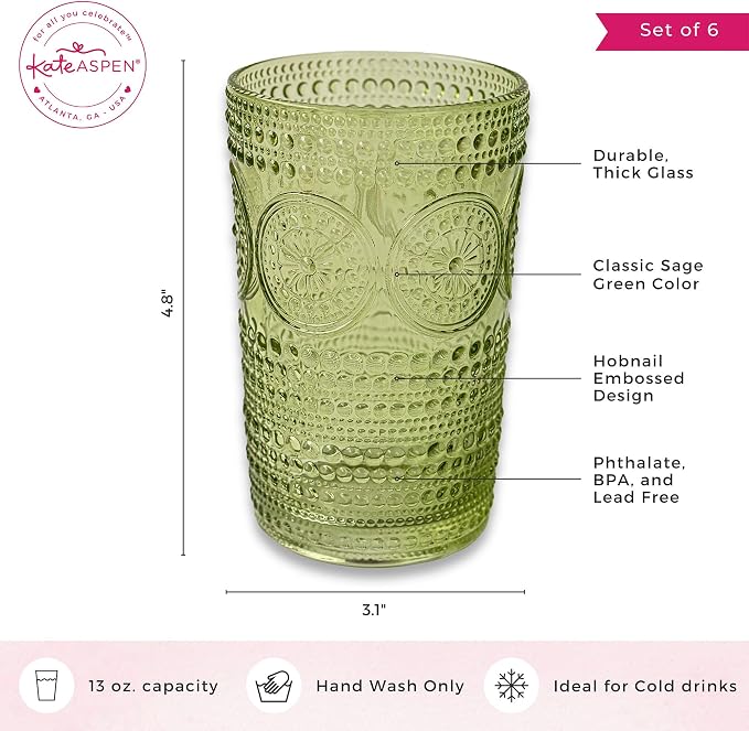 Kate Aspen Hobnail Beaded Floral Green Drinking Glasses Set of 6, (13 oz) Vintage Glassware & Cocktail Glass Set, Juice Glass, Water Cups | Great Hostess Gift & Gift for New Home Owners (Pack of 4)