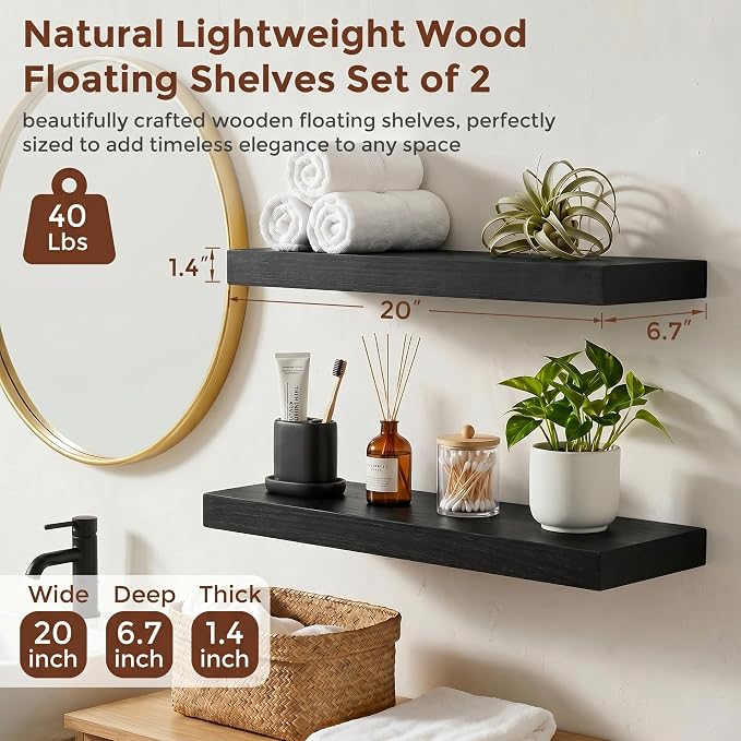 fuqing 20 Inch Floating Shelves | 6.7 Inch Deep Black Shelves for Wall Set of 2 | 20''W x 6.7''D x 1.4''H Black Wood Shelves for Living Room Bathroom Bedroom Kitchen Home Office