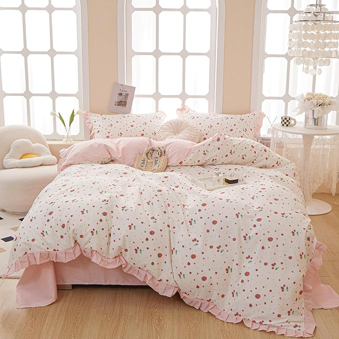 HighBuy Strawberry Comforter Set King Size Pink and White Ruffled Bedding Comforter with 2 Pillowcases Kawaii Reversible Striped Comforter Set Lightweight and Cozy for College Girl