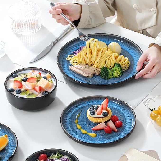 vancasso PLAYA Plates and Bowls Sets, 12 Pieces Blue Dinnerware Sets for Kitchen, Reactive Glaze Dishes Set for 4, Dishwasher and Microwave Safe
