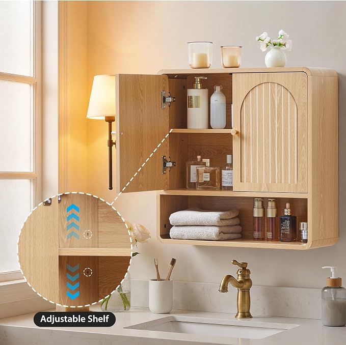 Wall Storage Cabinet with Adjustable Shelf, Over the Toilet Storage Cabinet for Bathroom, Light Wood Color Medicine Cabinet Organizers for Bathroom, Laundry Room, Kitchen (Natural)