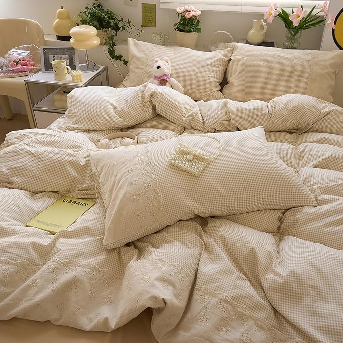 LifeTB Tan Gingham Duvet Cover Full Size 3 Pieces Romantic Lace Duvet Cover Vintage Plaid Checkered Comforter Cover with 2 Pillowcases Soft Microfiber Beige Tan Grid Farmhouse Plaid Bedding Set