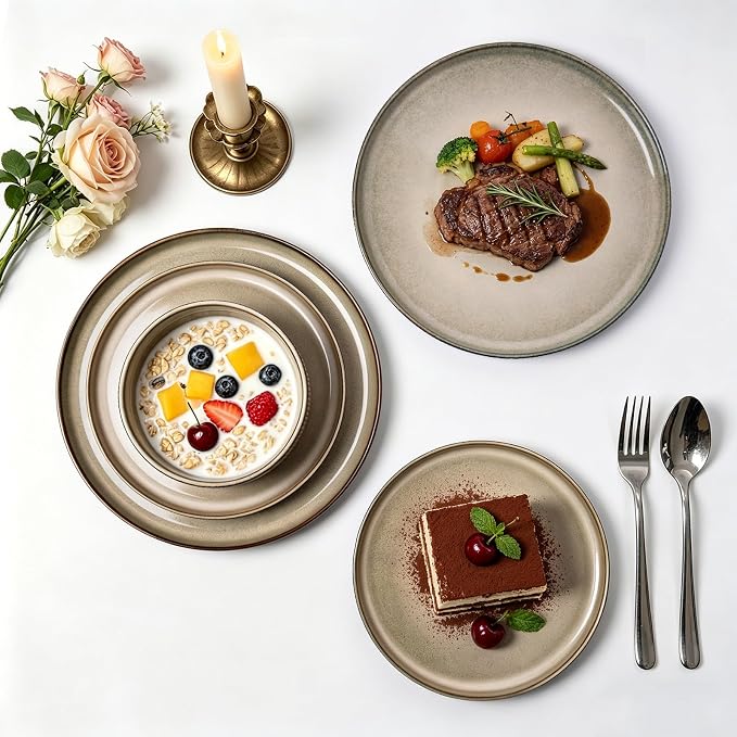 MONITO Ceramic Dinnerware Sets for 4, 12PCS Stoneware Plates and Bowls Sets, Reactive Glaze Dish Set, Chip and Scratch Resistant Double, Microwave and Dishwasher Safe, Brown