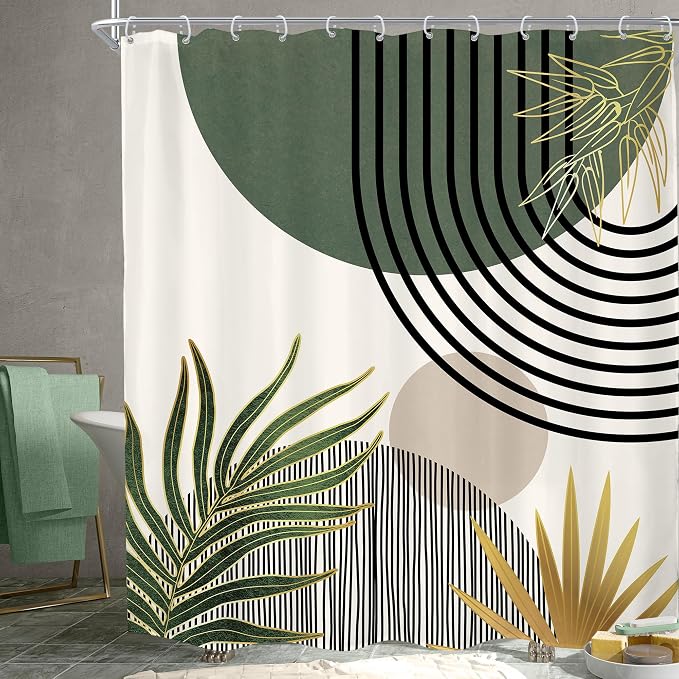 KOMLLEX Mid Century Green Boho Shower Curtain 72Wx78L Inches Abstract Modern Shower Curtains for Bathroom Gold Plant Botanical Minimalist Arch Sun Fabric Liner Waterproof Polyester 12 Pack Hooks
