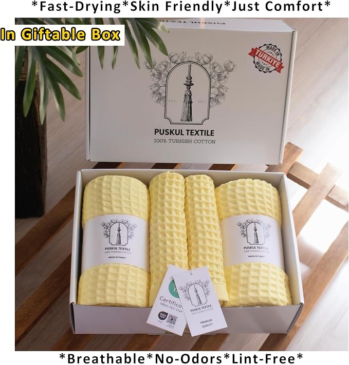 PÜSKÜL 4-Piece Natural 100% Turkish Cotton Luxury Waffle Towels for Bathroom | Premium Honeycomb Weave 2 Hand Towel & 2 Bath Towel Set | Soft Absorbent Quick-Dry Lightweight Towels (Light Yellow)