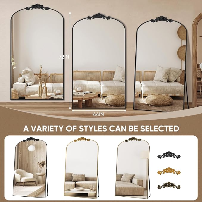 Antok Arched Full Length Mirror, 72"x44" Floor Mirror with Carved, Full Body Mirrors for HomeDecor, Standing/Halling Large Wall Mirror for Bedroom, Living Room, Cloakroom, Black, Retro Style