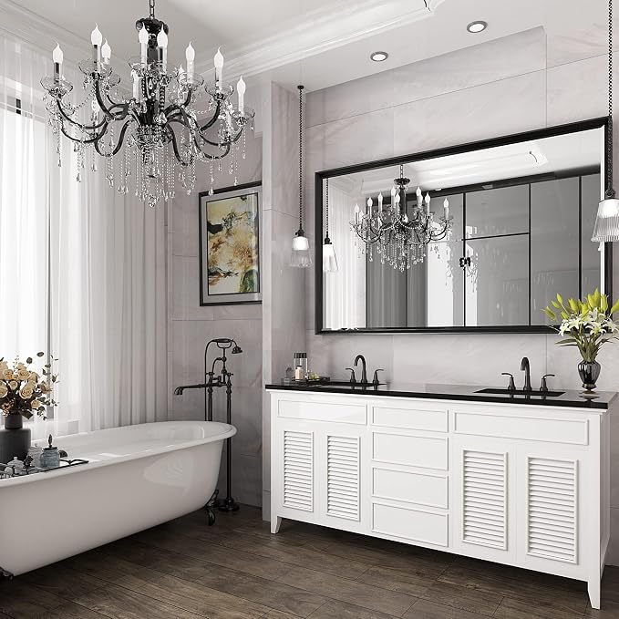 48 x 30 Black Framed Mirror for Bathroom, Beveled Black Bathroom Vanity Mirror Anti-Rust, Shatterproof Matte Black Rectangle Metal Frame Mirror, Vertical/Horizontal Large Wall-Mounted Mirrors