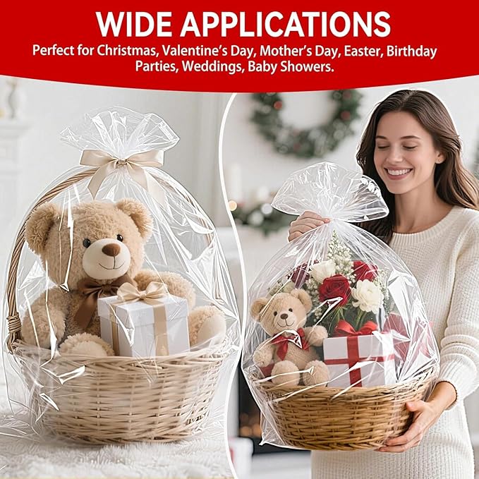 Ohuimrt 30 x 40 Inch Extra Large Cellophane Gift Bags, 6 PCS Clear Plastic Cellophane Wrap for Gift Baskets Baby Shower Birthday Wedding Party favor