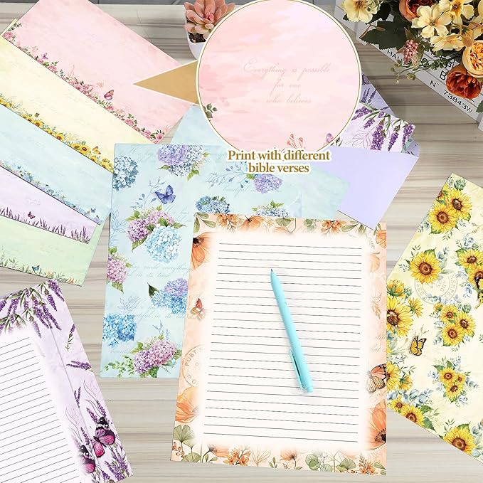 Funrous 90 Pcs Stationary Paper and Envelopes Set, Christmas 60 Sheets Floral Letter Paper and 30 Envelopes, 8.5 x 11 Inch Lined Writing Sheet for Wedding Religious Xmas Party Invitation Gift Decor