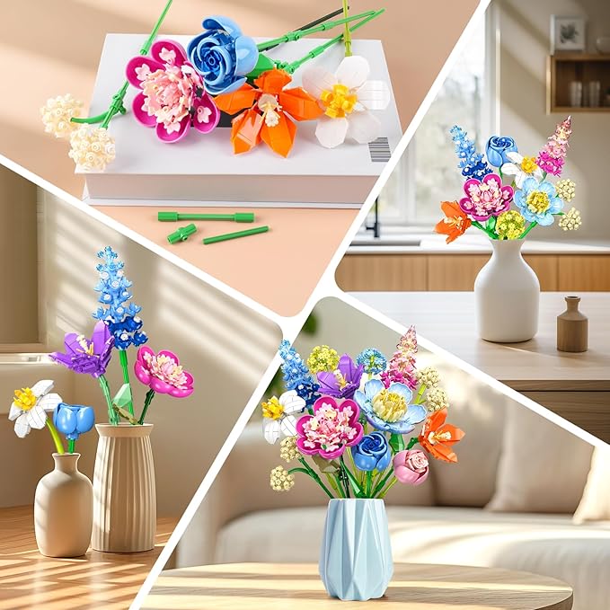 Flower Bouquet Building Set, 888 PCS Botanical Collection Building Block Toy, Flowers Rose Plant Home Decor, Valentine's Day Christmas Birthday Gift for Adults Women Boys Girls 8+