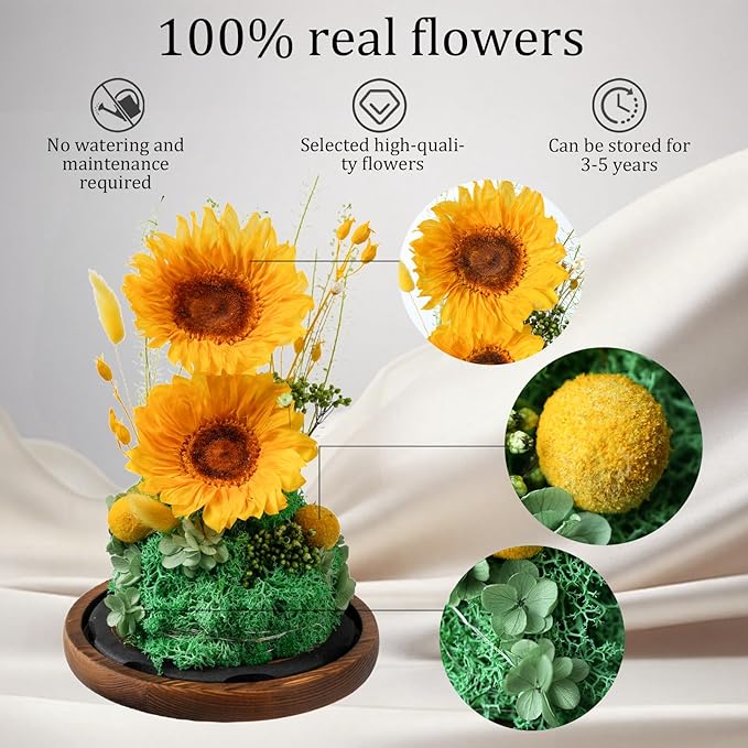 Flowers for Delivery - Forever Flowers Sunflower in Glass Dome with LED Lights, Large Size Preserved Sunflower Gifts for Women, Mom, Wife, Friend -Birthday, Valentine's Day Gift (Sunflower)