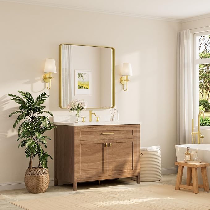 TETOTE 36 x 36 Inch Gold Mirror for Bathroom, Brushed Brass Wall Mirrors Metal Frame Square Modern Shatterproof Decorative Vanity Mirror for Living Room Entryway